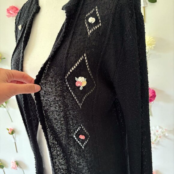 Vintage Black Cardigan with Embroidered Floral Design - Picture 1 of 10